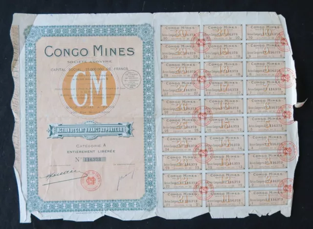 Action 1914 CONGO MINES  CM   titre bond share 5