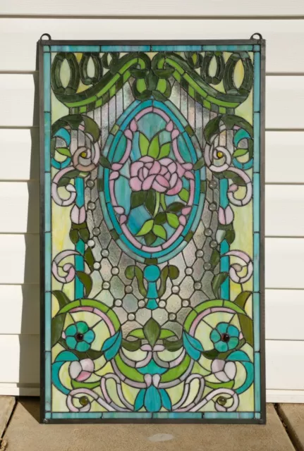 20.5" x 34.5" Large Handcrafted stained glass window panel Flowers
