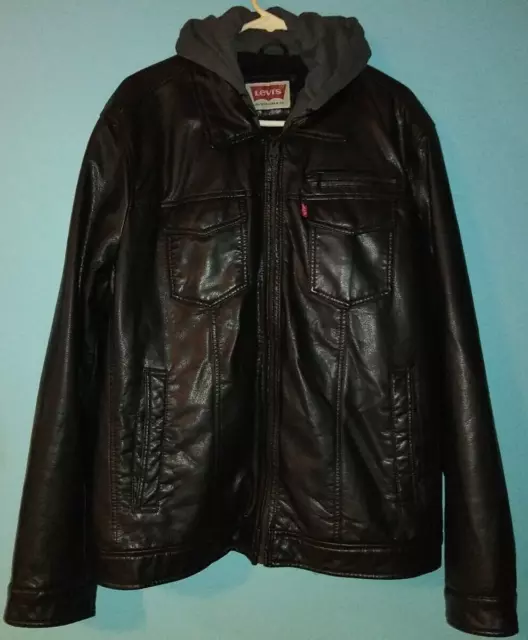 Vtg Levi's Mens XL Faux Leather Sherpa Lined Black Hooded Bomber Jacket Full Zip