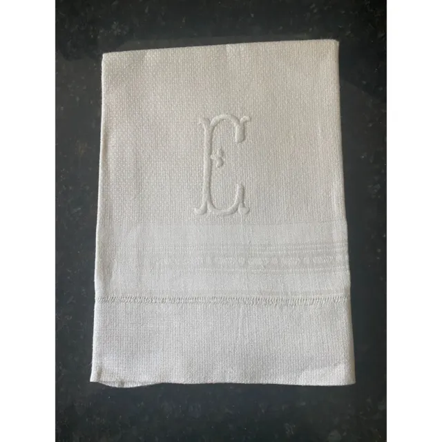 Tea Towel Monogrammed "E", Linen Rectangular, Vintage