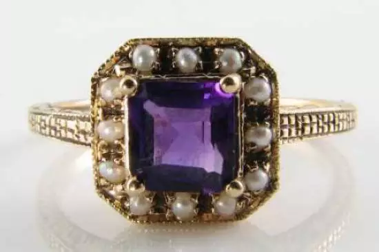 DIVINE 9CT 9K GOLD AMETHYST PEARL CLUSTER SQUARE ART DECO INS HALO RING Size O 2