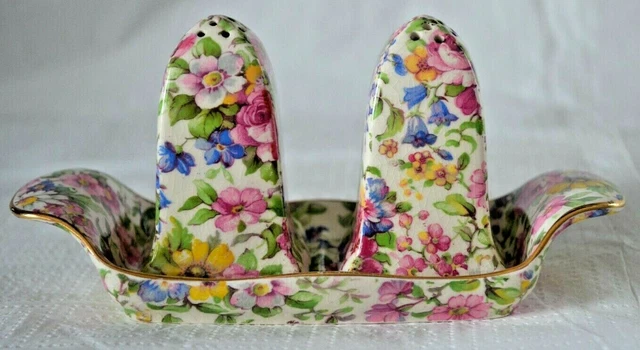 Chintz Royal Winton England Vintage Summertime Gold Trim Salt, Pepper & Tray S&P