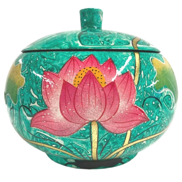 Decorative Wooden Green Bowl With Lid Lacquered & Inlaid Pink Flower Egg-Shell