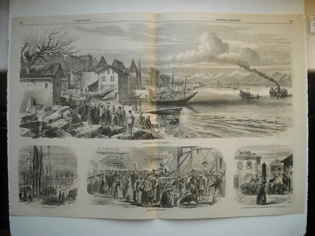 Gravure 1865. Lac De Geneve. Thonon. Place De Thonon. Vue De La Ville De Thonon.