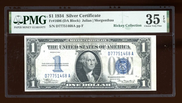 DBR 1934 $1 Silver Funnyback Fr. 1606 DA Block PMG 35 EPQ Serial D77751468A