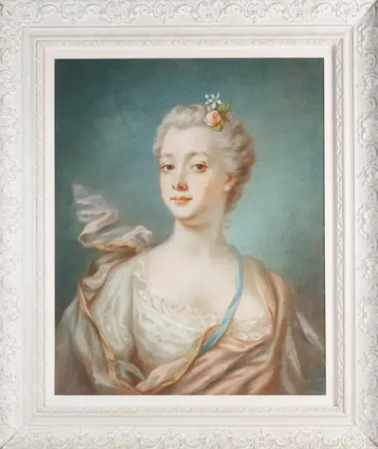 PORTRAIT d'élégante au ruban bleu du XVIIIe Dessin PASTEL XIXe tableau peinture