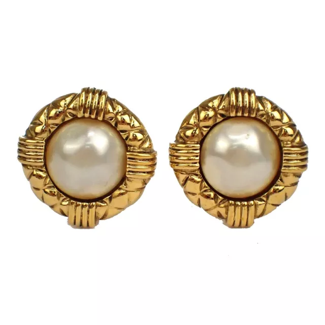CHANEL CC Logo Round Button Earrings 23 Clip-On Imitation Pearl Gold 37GA288