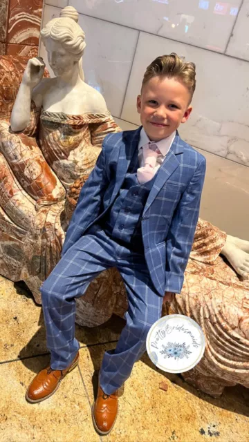Boys Suits 5 Piece Wedding Page Boy Party Prom Suit Blue checked Baby-14 Yrs