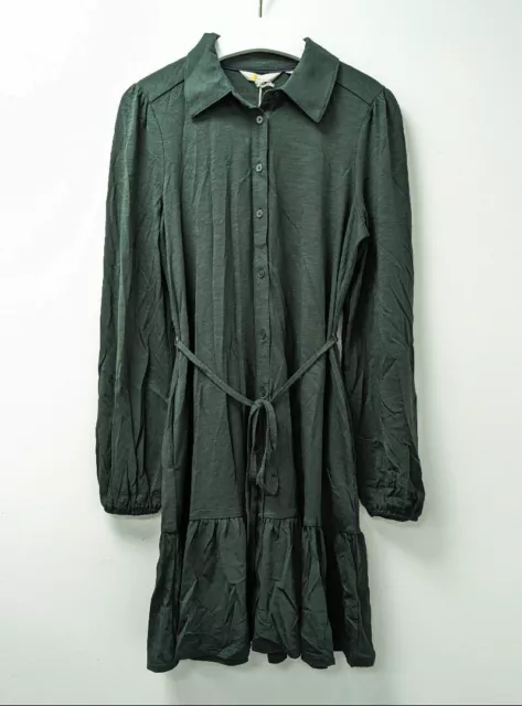 BODEN Tiered Jersey Shirt Mini Dress UK 8L Forest Green Long Sleeve Tie Belt NWT