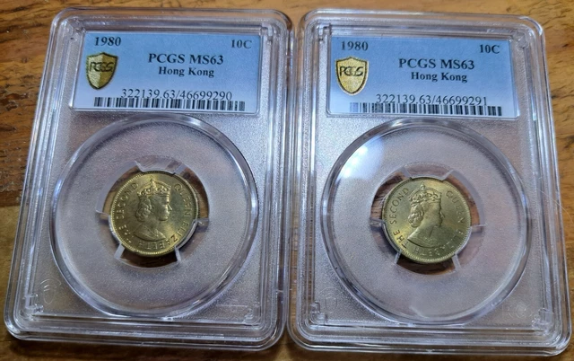 hong kong 10 cents 1980 PCGS MS 63 lof of 2(7)