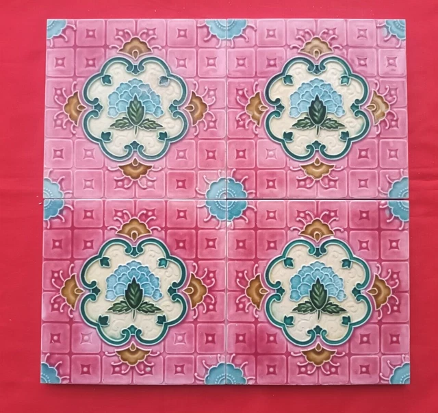 4 Piece Art Deco Floral Embossed Design Majolica Ceramic Tiles Japan 0287