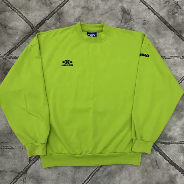 Vintage 90s Umbro Neon Lime Green Boxy Sweatshirt Jumper - LARGE Mens Logo Retro