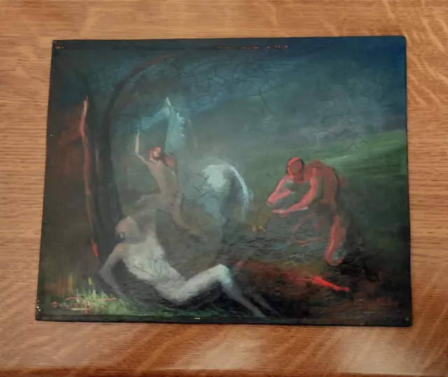 Dipinto Ad Olio Su Compensato Antico Epoca Anni 30 IQUIETANTE    19 X 24