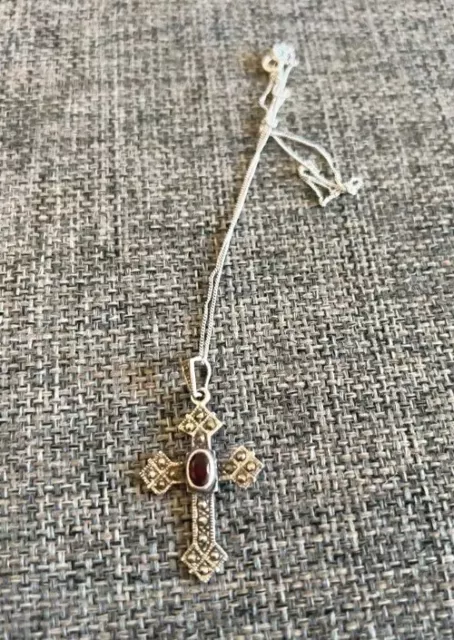 Vintage 925 Sterling Silver Garnet Marcasite Cross Pendant Necklace
