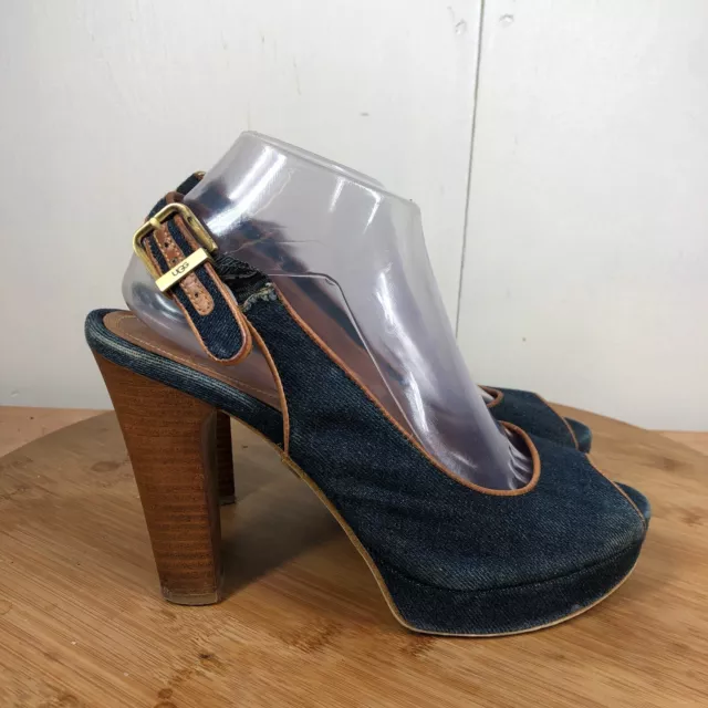 UGG Shoes Womens 9 Slingback High Heels Blue Denim Peep Toe Block Buckle