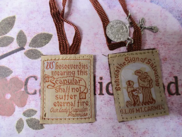 Our Lady of Mt Carmel Brown Scapular - Our Ladies Promise -Brown Straps + Medals