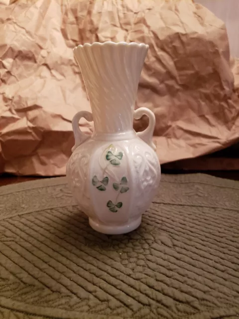 Vintage Belleek Shamrock Double Handle 6" Vase Green 6th Mark Ireland 1965-1980