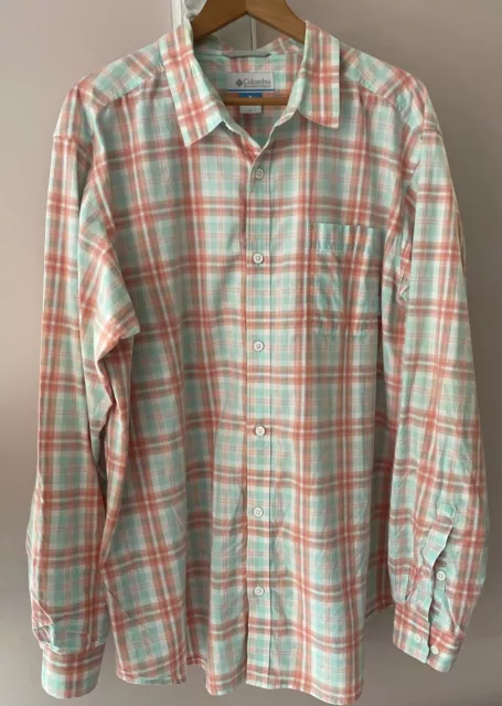 Columbia Shirt Mens XL Teal Green Orange Peach Plaid Long Sleeve Button Down