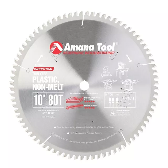 Amana 10" Carbide Tipped Plastic Saw Blade, 80T, 5/8" Bore, M-TCG -2 Deg