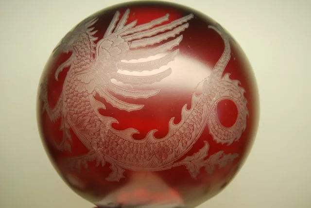 Antique Victorian Gwtw Ruby Red Old Glass Chinese Japanese Dragon Oil Lamp Shade