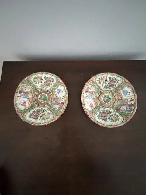 Pair Of Early Antique Chinese Export Rose Medallion Saucers