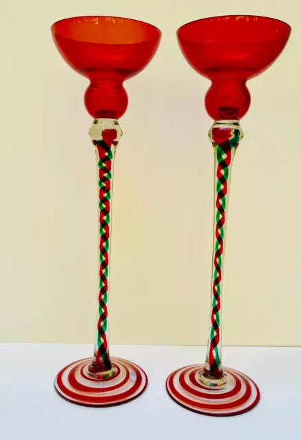 3 Tall Red Green Clear Handblown Polish Crystal Art Glass Candle Stick Holders 2