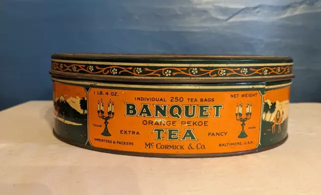 Large 10" Round Vintage McCormick & Co. Banquet Orange Pekoe Tea Tin 2