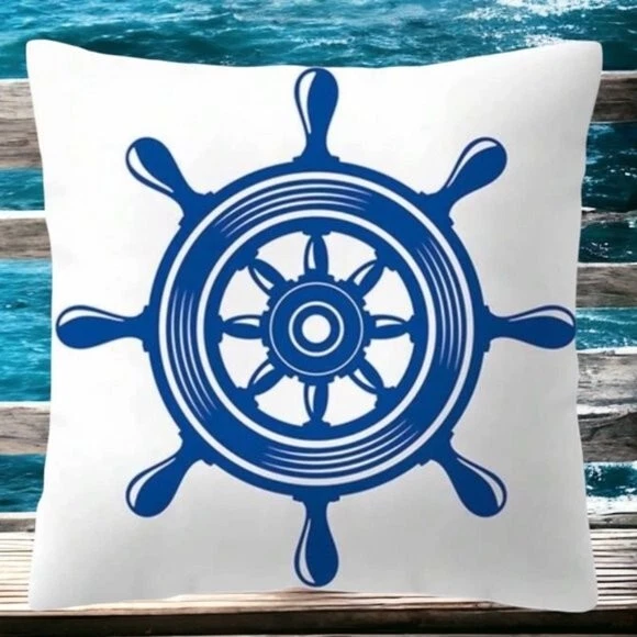 Funda de almohada costera rueda de barco náutica decoración de playa cuadrada 17,7 en azul blanco
