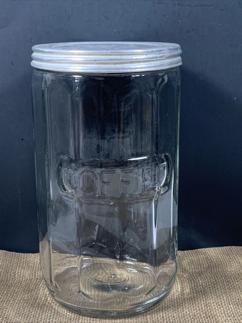 Vtg Clear Glass Coffee Canister Jar Metal Lid 12 Panel Emboss Hoosier ?? 7" X 4”