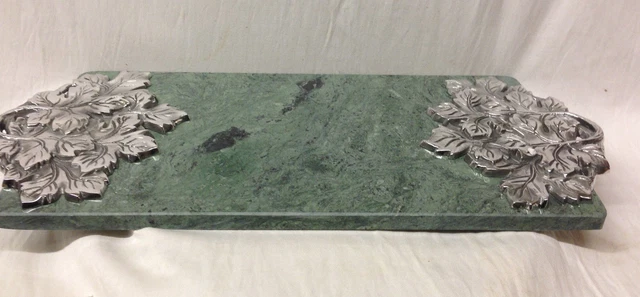 Madison Avenue 16" Green Marble Cheese Board With Pewter Leaf Design In Box