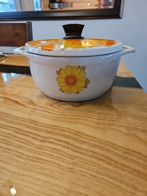 Vtg MCM Von Roll Cast Iron Dutch Oven Orange Floral Switzerland