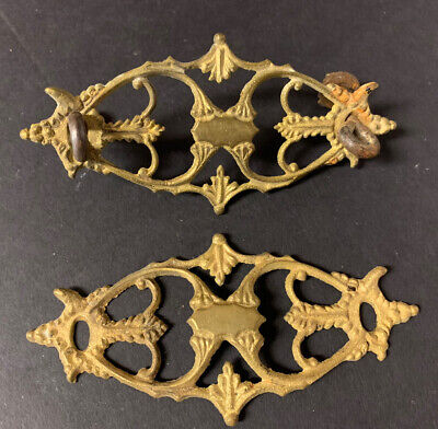 Antique Victorian Brass Metal Drawer Pulls Back Plate Pair of 2 For Drop Bail