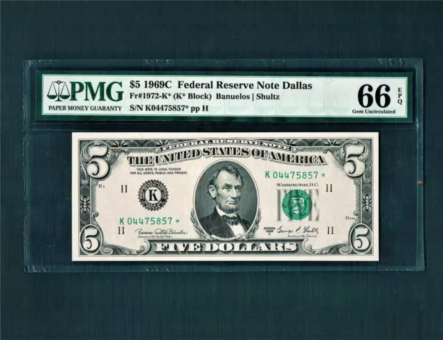 1969C $5.00 Federal Reserve "Dallas Star(Only 480,000 Printed)~NEW PMG-66epq-!!