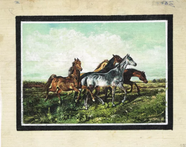 Handmade Indian Miniature Painting Of Five Running Horse Fine Art 8.5x7 Inches