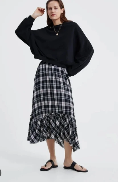 Zara Asymmetrical Ruffle Tartan Linen Blend Eastic Waist Long Skirt, Size XS