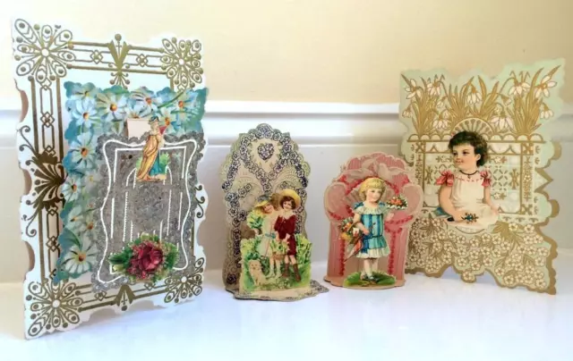 Lot of 4 VICTORIAN VALENTINE CARDS Ornate Lacy Die Cut Antique Stand Up Germany