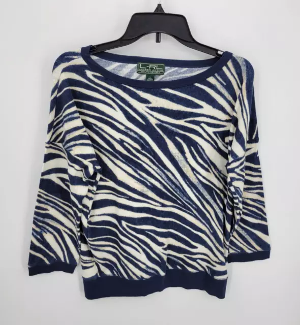 Lauren Ralph Lauren Top Womens Large Blue Ivory Animal Print Boat Neck Pullover