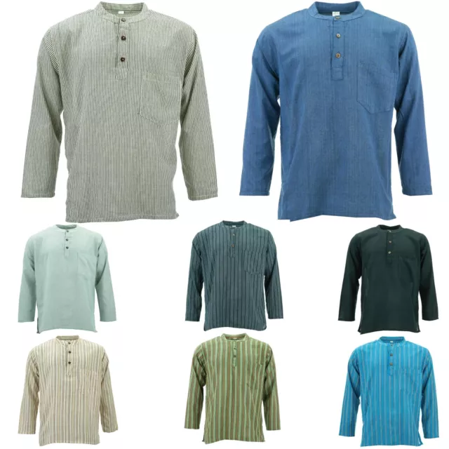 Cotton Grandad Collar Shirt Kurta Plain Men Collarless Long Sleeve Gheri