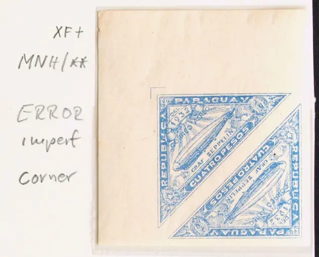 PARAGUAY 1932 ERROR Imperforated XF+ MNH/** ZEPPELIN Flight Airmail Corner Block