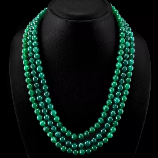 Best Quality Ever 633.30 Cts Natural 3 Line Green Jade Round Beads Necklace $$$