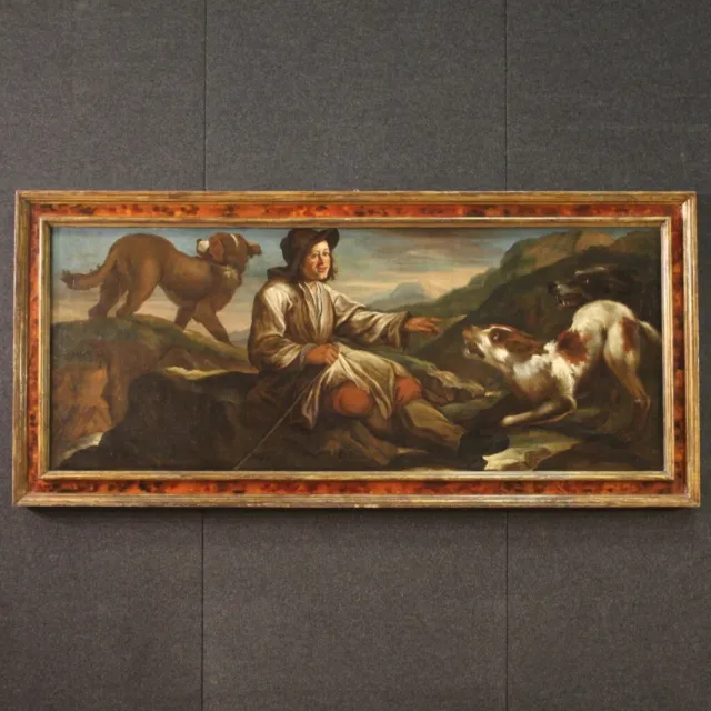 Pintura italiana antigua cuadro pastor con perros oleo sobre lienzo siglo XVII