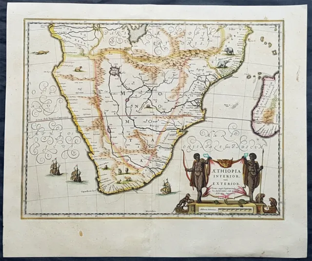 1639 Jan Jansson Original Antique Map of South Africa, Madagascar - Beautiful