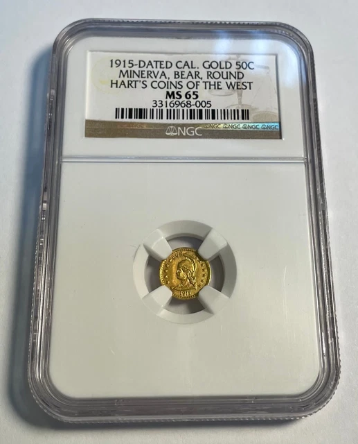 1915-Dated California Gold 1/2, 50c Minerva, Bear, Round Hart Coins of West MS65