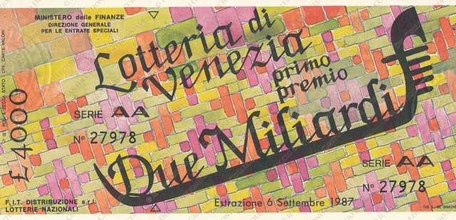 1987 LOTTERIA primo premio Due Miliardi Venezia biglietto