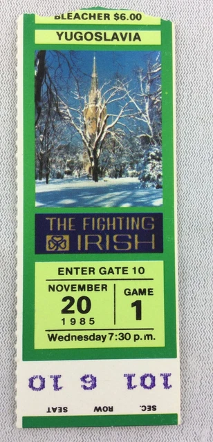 1985 11/20 Yugoslavia at Notre Dame Basketball Ticket Stub - Seat 10