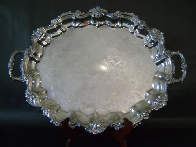 22x16 Vg Sheffield Reed Barton Silverplate Ornate Oval Handle Footed Servin Tray