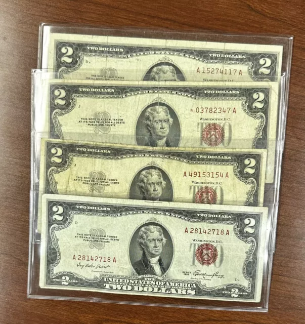 1928 $2 TWO DOLLAR RED SEAL UNITED STATES NOTES Average Circulated