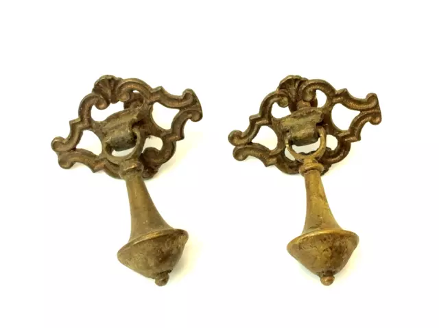 Pair of Victorian Used Old Cast Brass Heavy Cabinet Drawer Pulls Hardware Parts