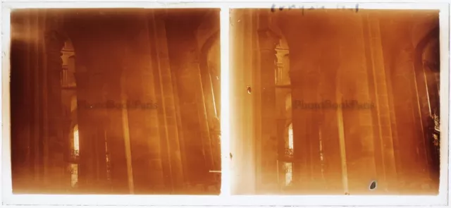 FRANCE Eglise Intérieur Effet artistique c1930 Photo Plaque de verre Stereo 