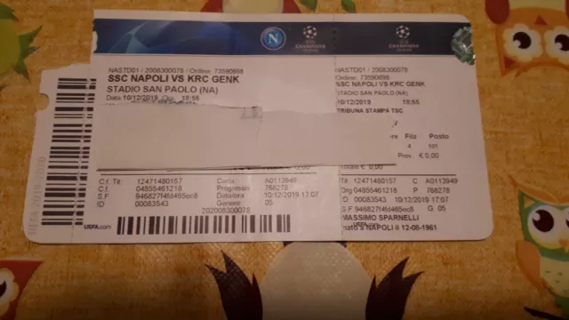 Biglietto Ticket Entrada  Napoli Vs  Krc Genk 10-12-2019 Champions League 